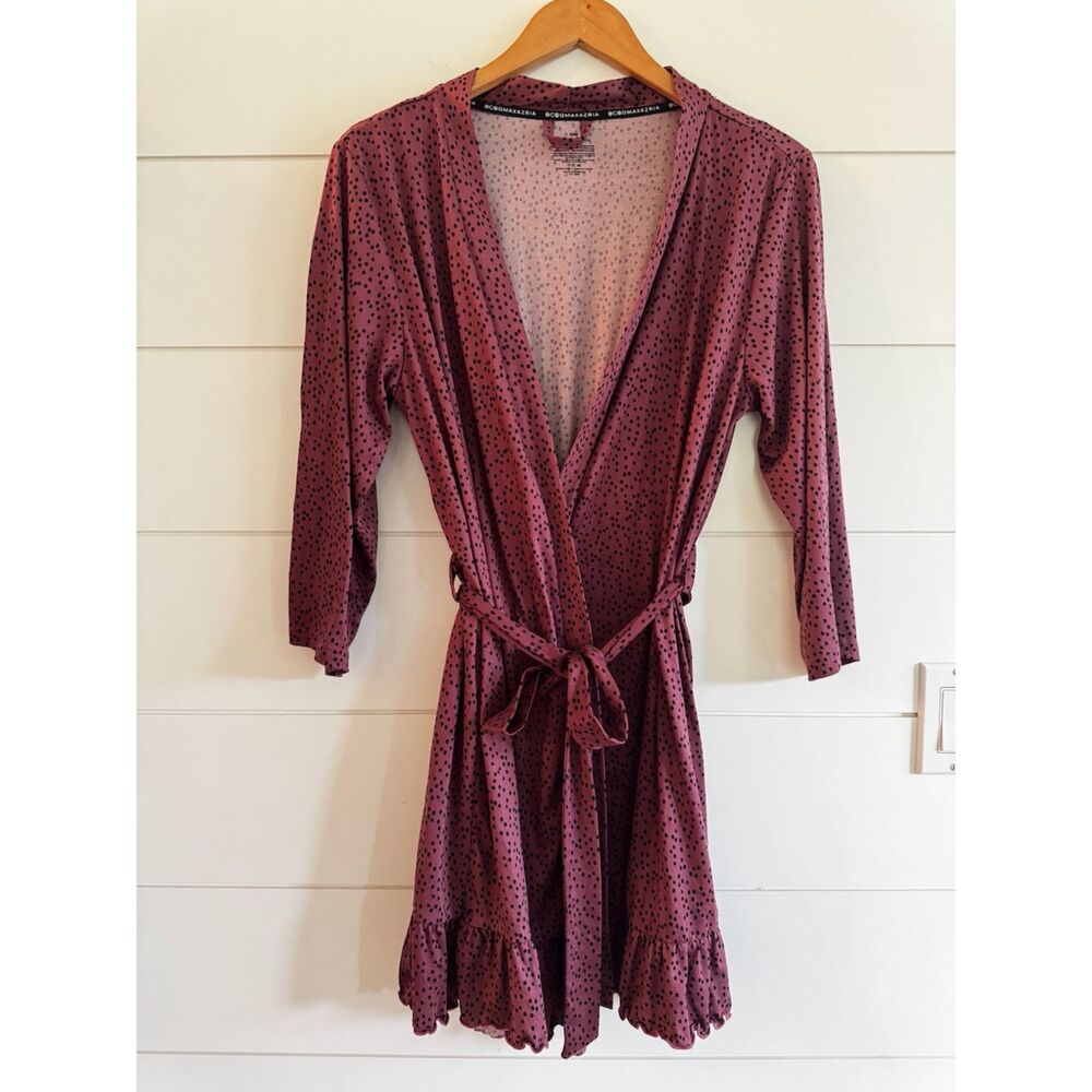 BCBGMAXAZRIA Mauve Purple Polka Dot Wrap Bath Robe Ruffle Hem Lounge Chic Size M